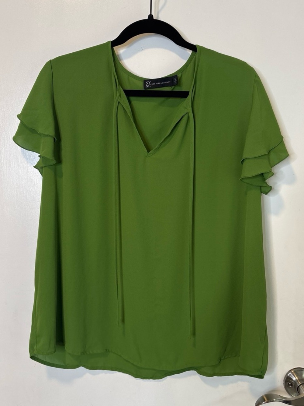 New York & Company Green Ruffle Sleeve Tie-Front Blouse